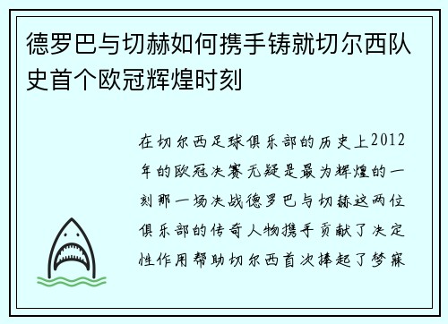 德罗巴与切赫如何携手铸就切尔西队史首个欧冠辉煌时刻