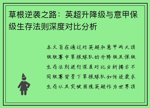 草根逆袭之路：英超升降级与意甲保级生存法则深度对比分析