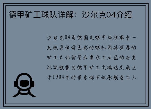德甲矿工球队详解：沙尔克04介绍
